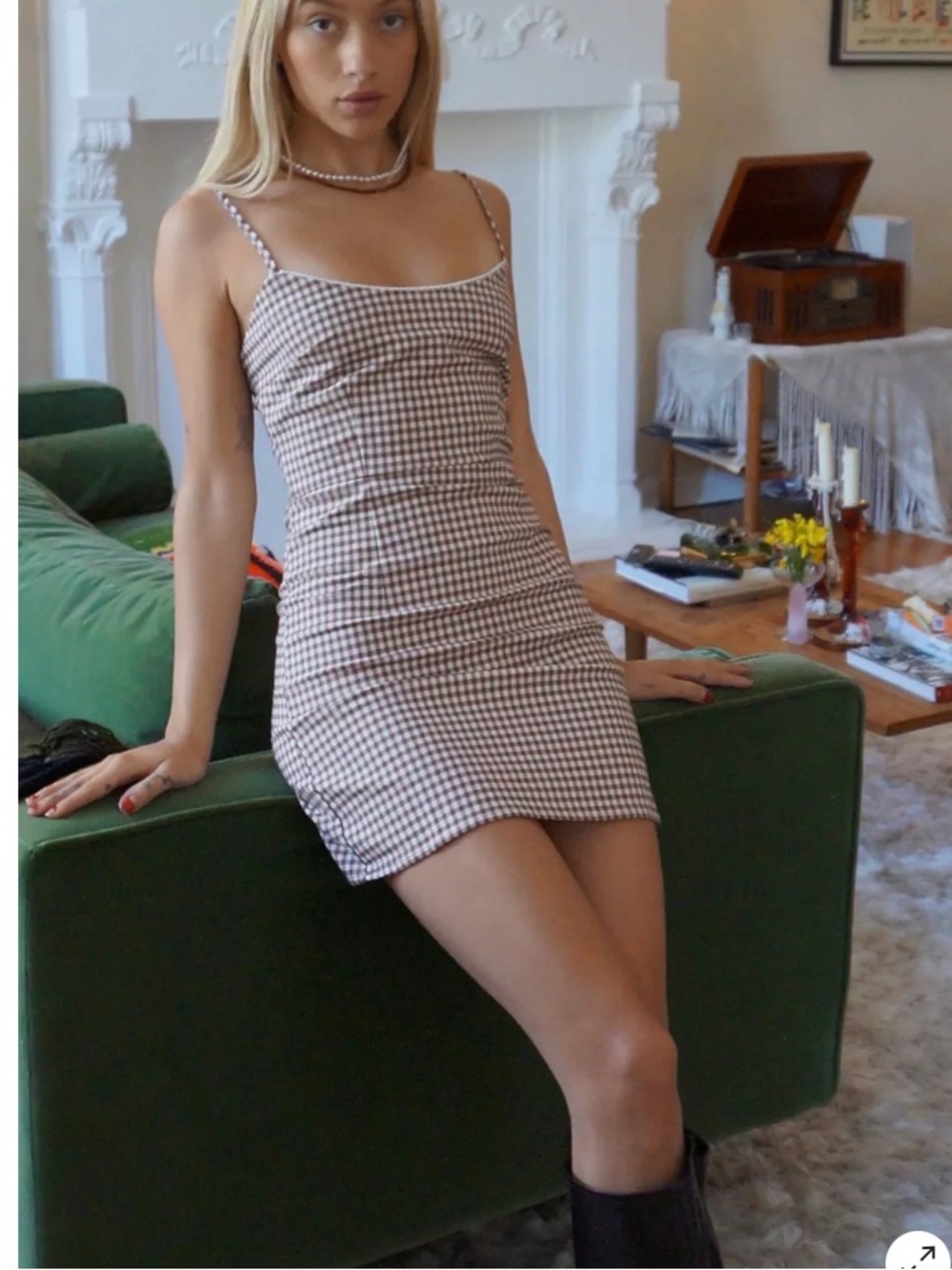 UO Southold Brown Gingham Spaghetti-Strap Dress Sz S NWOT